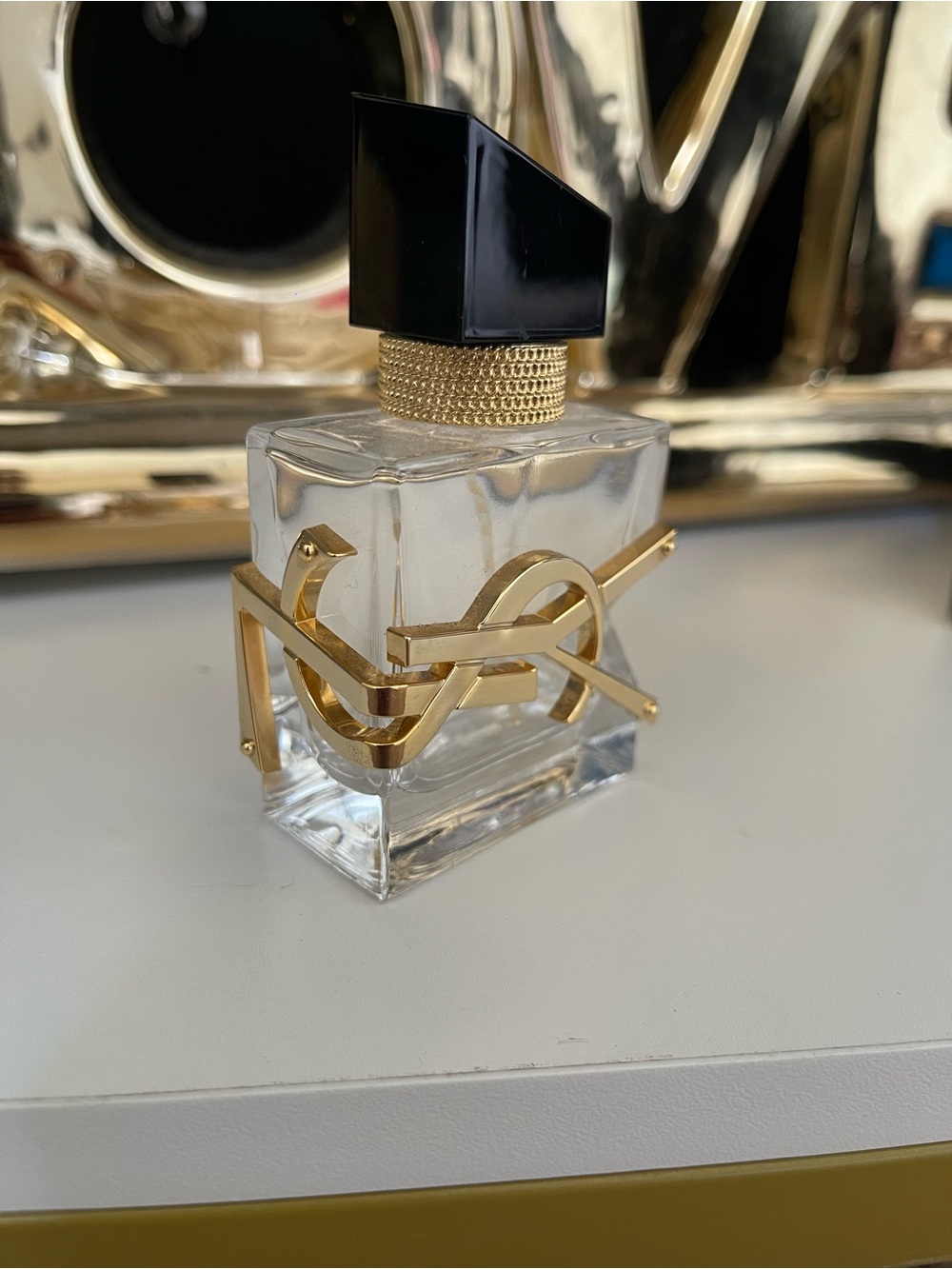 Yves Saint Laurent-Inspired Gold and Black Decorative Glass Bottle